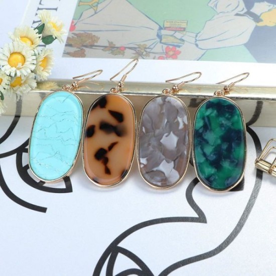 4Pairs Oval Acrylic Dangle Earrings For Women Lightweight Leopard Blue Green Shell Beige Mottled Resin Statement Oval Drop Earrings Set